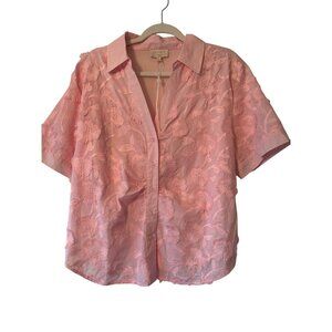 Hester & Orchard Pink Embroidered Floral Short Sleeve Button-Up Shirt XL